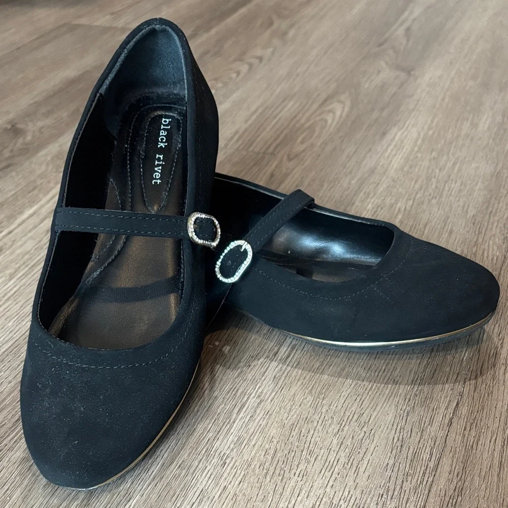 Black Rivet Aoife Girls Mary Jane Black Velvet Flat Strap Dress Shoes